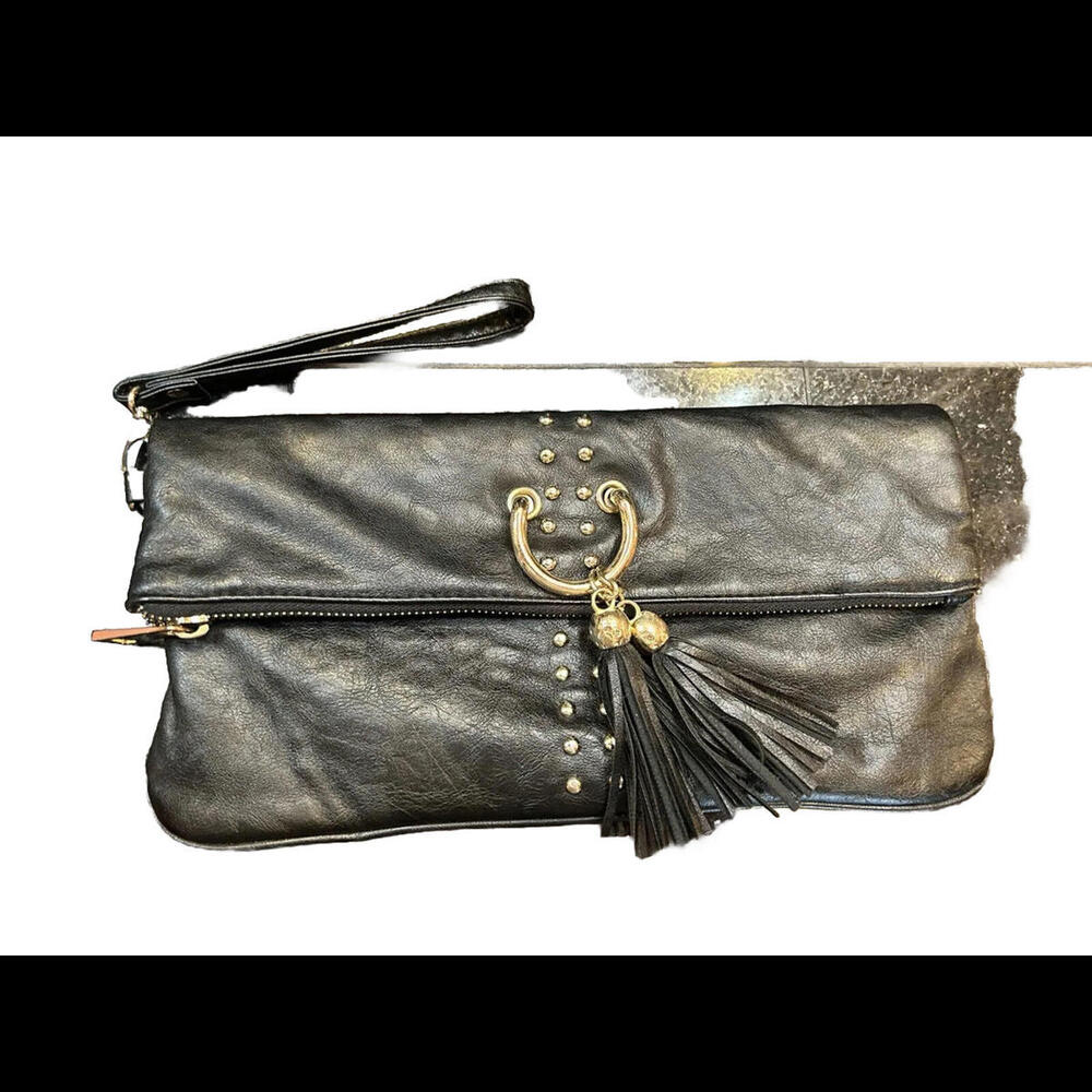 👛Luxurious Black Cache Foldover Clutch/Wristlet, Dressy Studs Tassels